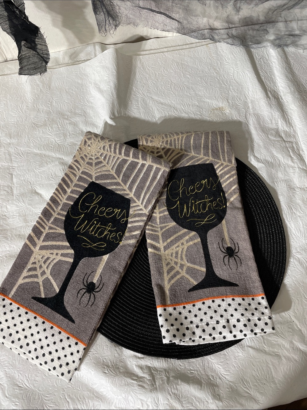 Halloween Gray 'Cheers Witches' Kitchen Towel Set with Gold Script - Set of 2